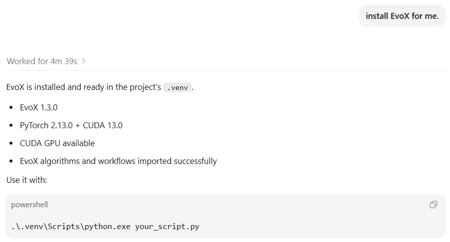 Codex installing and verifying EvoX