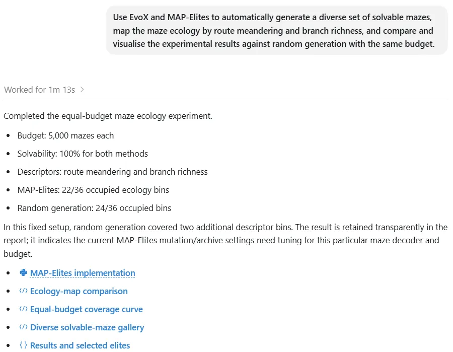 Natural-language request and Codex summary for MAP-Elites maze generation