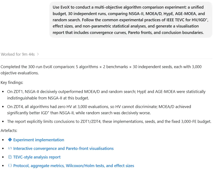 Natural-language request and Codex summary for the multi-objective comparison