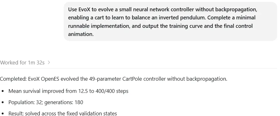 Codex summary of the EvoX CartPole experiment